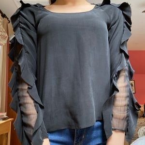 Wink NYC Black Silk Ruffle Statement Long Sleeve